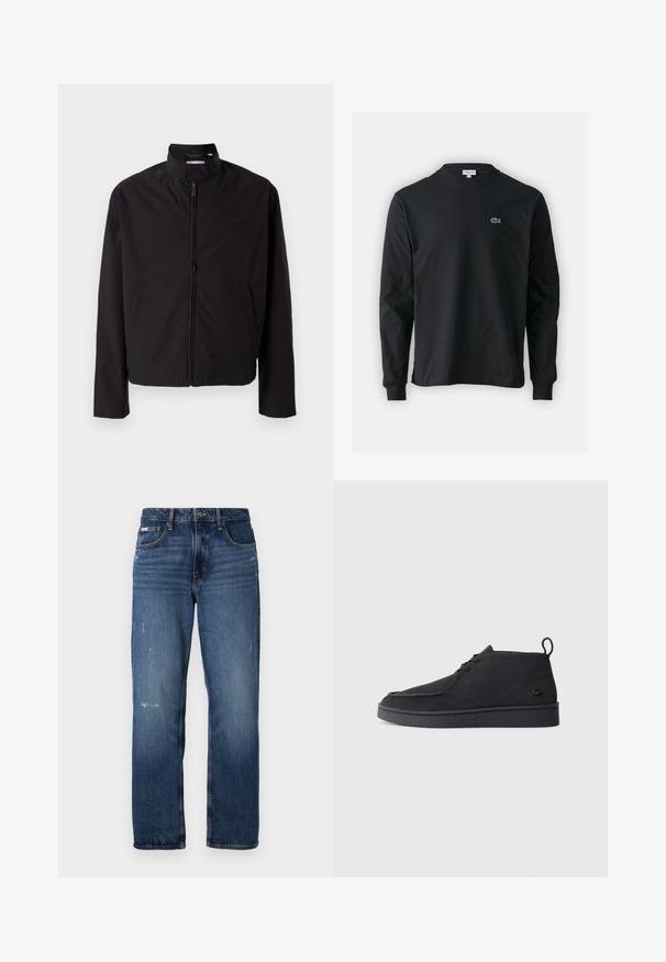 Zwarte lichtgewicht jas, ritssluiting, opstaande kraag, zijzakken, gladde stof, minimalistisch ontwerp met logo-accent op de borst.; Zwarte longsleeve t-shirt van katoen, met een ronde halslijn en een klein groen geborduurd krokodillenlogo op de linkerborst.; Blauwe denim jeans met een rechte pijpdesign. Bevat vervaagde delen en lichte slijtage aan de voorkant, met een klassieke knoopsluiting.; Zwarte suède veterschoenen tot de enkel met een trekband en een gestructureerde zool, met een klein reliëf krokodillenlogo aan de zijkant.