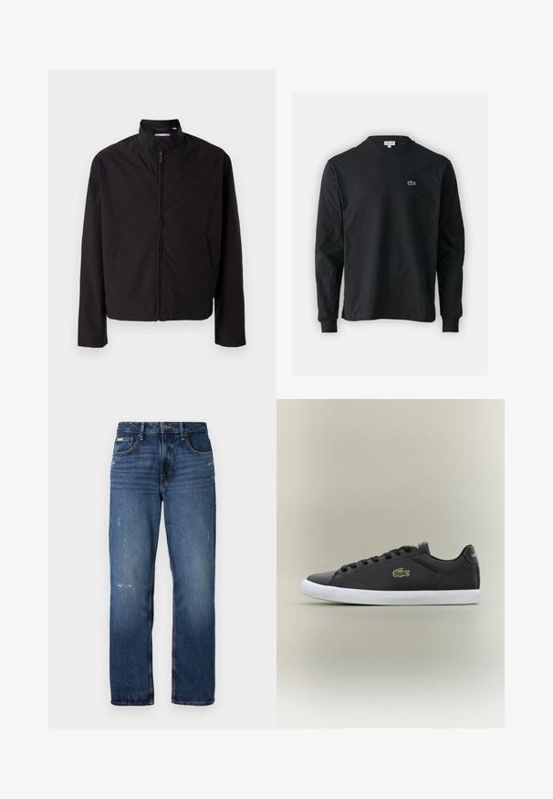 Casaco leve preto, com fecho elétrico, gola alta, bolsos laterais, tecido liso, design minimalista com logótipo em destaque no peito.; Camisola preta de manga longa feita de algodão, com decote redondo e um pequeno logótipo de crocodilo bordado em verde no lado esquerdo do peito.; Jeans de ganga azul com um design de perna reta. Apresentam áreas desbotadas e ligeira desgastação na frente, com um fecho clássico por botão.; Tênis de couro preto com sola de borracha branca, apresentando um logotipo de crocodilo verde e cadarços redondos, design elegante com textura suave.