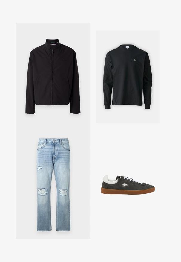 Chaqueta ligera negra, cierre de cremallera, cuello alzado, bolsillos laterales, tejido suave, diseño minimalista con acento de logo en el pecho.; Camiseta de manga larga negra de algodón, con escote redondo y un pequeño logo de cocodrilo bordado en verde en el lado izquierdo del pecho.; Jeans de denim azul claro con desgarros distanciados en ambas rodillas y un pequeño desgarro en la parte superior del muslo izquierdo, estilo clásico de cinco bolsillos.; Zapatillas de ante gris con cordones blancos, que cuentan con una suela de goma y un pequeño logotipo de cocodrilo blanco en el lateral. Textura suave y diseño de perfil bajo.