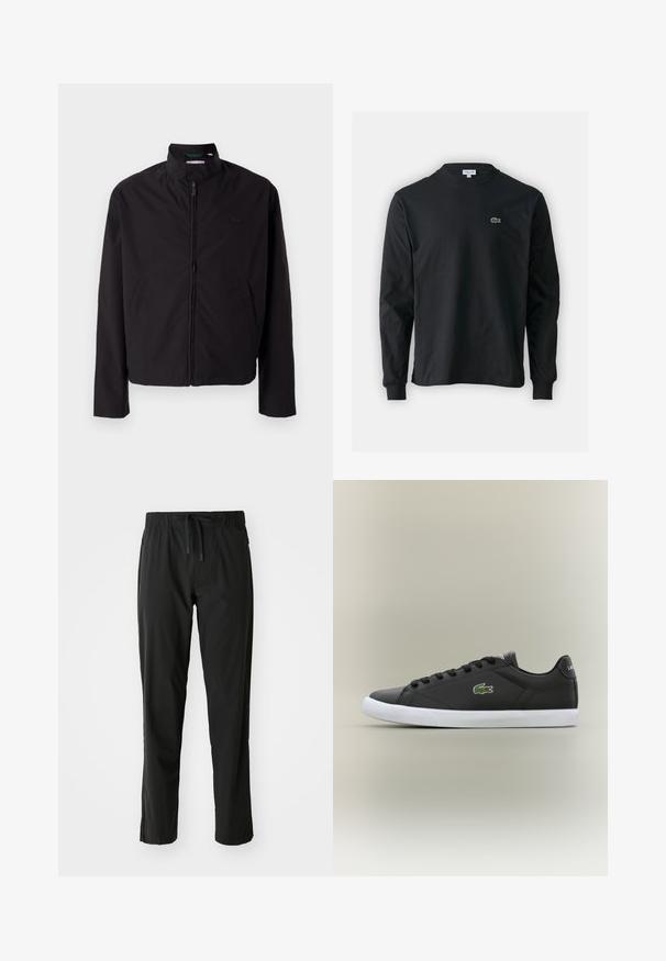 Zwarte lichtgewicht jas, ritssluiting, opstaande kraag, zijzakken, gladde stof, minimalistisch ontwerp met logo-accent op de borst.; Zwarte longsleeve t-shirt van katoen, met een ronde halslijn en een klein groen geborduurd krokodillenlogo op de linkerborst.; BOSS ACTIVE MOVE - Trainingsbroek - black; Zwarte leren sneakers met een witte rubberen zool, voorzien van een groen krokodil logo en ronde veters, slank ontwerp met een gladde textuur.