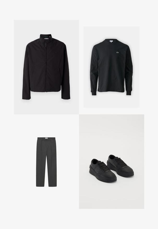 Black lightweight jacket, zip closure, stand-up collar, side pockets, smooth fabric, minimalistic design with logo accent on the chest.; Black long-sleeve t-shirt made of cotton, featuring a round neckline and a small green embroidered crocodile logo on the left chest.; Gray tailored trousers with a subtle check pattern, textured weave, and front pleats, featuring a waistband with belt loops.; Black sneakers made of smooth leather with a cushioned sole. Features include flat laces, perforations on the toe, and a sleek silhouette.
