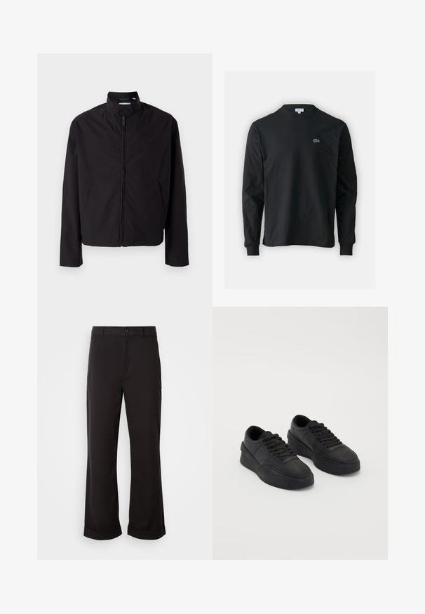 Črna lahka jakna, zadrga, dvignjen ovratnik, stranska žepa, gladka tkanina, minimalističen dizajn z logotipom na prsih.; Črna dolgi rokavi majica iz bombaža, z okroglim ovratnikom in majhnim zelenim vezenim logotipom krokodila na levem prsnem delu.; Črne hlače s ravnim krojem, narejene iz lahkega blaga. Imajo klasičen gumbasti zap Closure in zvite robove.; Črne teniske iz gladkega usnja z oblazinjeno podplatom. Lastnosti vključujejo ravne vezalke, perforacije na konici ter eleganten silhuet.