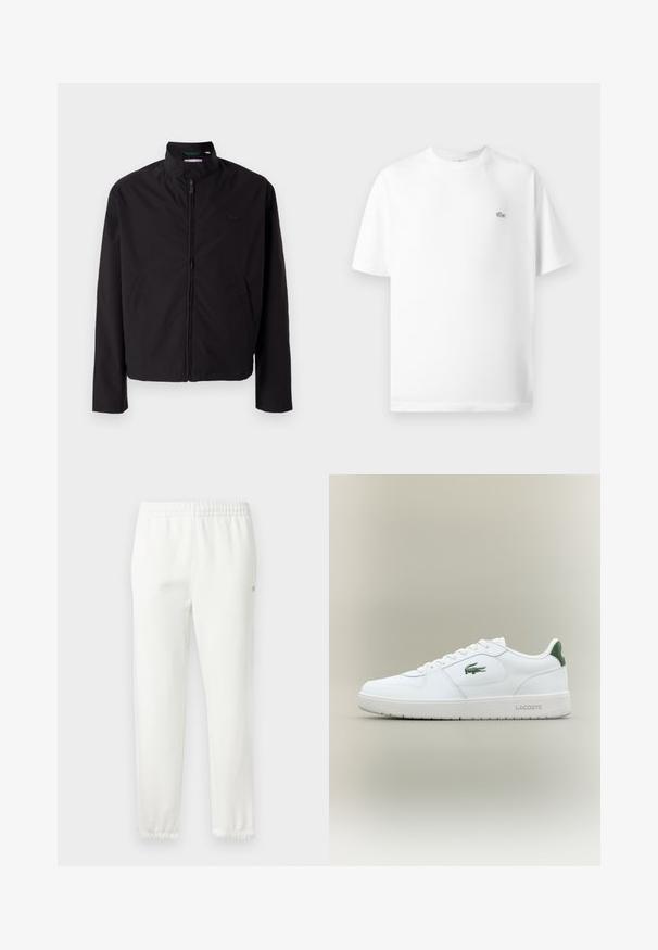 Zwarte lichtgewicht jas, ritssluiting, opstaande kraag, zijzakken, gladde stof, minimalistisch ontwerp met logo-accent op de borst.; Witte katoenen t-shirt met een ronde hals en korte mouwen. Bevat een klein zwart Lacoste-logo aan de linkerkant van de borst.; Witte katoenen sweatpants met een elastische tailleband en taps toelopende benen. Voorzien van een klein logodetail aan de zijkant. Zachte textuur, minimalistisch ontwerp.; Witte leren sneaker met een gladde afwerking, groene accenten op de hak en een groen logo aan de zijkant. Beschikt over een platte zool en een ronde neus.