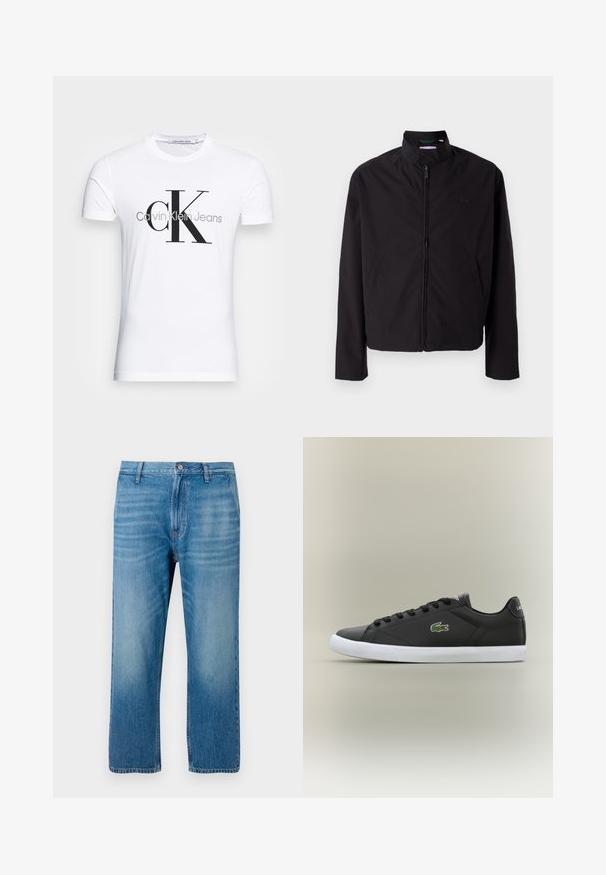 Svart lett jakke med glidelås, oppreist krage, lommer på siden, glatt stoff, minimalistisk design med logo-akkent på brystet.; Hvit bomull T-skjorte med svart "CK" logo og "Calvin Klein Jeans" tekst, korte ermer og klassisk rund hals.; Lyseblå denimjeans med rett passform, fem lommer, knappelukking og subtil falming foran. Ingen synlige mønstre.; Svarte lær sneakers med hvit gummisåle, med grønt krokodillelogo og runde snører, elegant design med glatt tekstur.