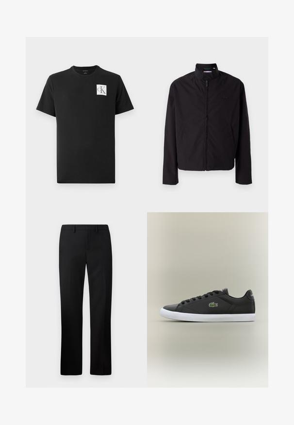 Black lightweight jacket, zip closure, stand-up collar, side pockets, smooth fabric, minimalistic design with logo accent on the chest.; Black cotton t-shirt with short sleeves and a crew neck. Features a white square logo with "CK" in black on the left chest.; Black tailored trousers with a straight leg design, made from smooth fabric. Features include a flat front and mid-rise waistband.; Black leather sneakers with white rubber sole, featuring a green crocodile logo and round laces, sleek design with smooth texture.