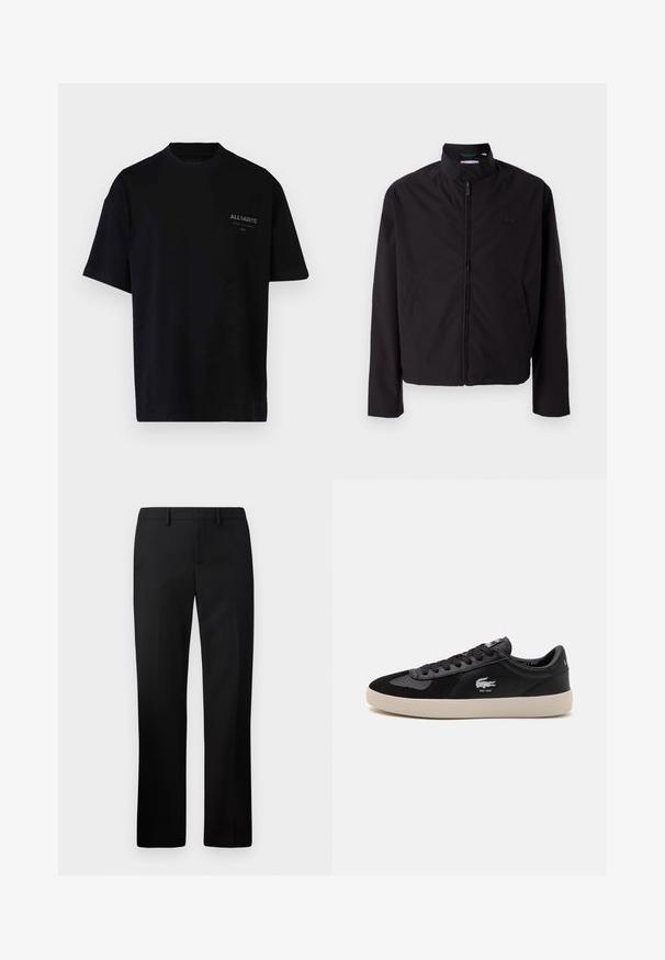 Casaco leve preto, com fecho elétrico, gola alta, bolsos laterais, tecido liso, design minimalista com logótipo em destaque no peito.; AllSaints UNDERGOUND CAMO - T-shirt estampada - jet black; Calças pretas sob medida com um design de perna reta, feitas de um tecido suave. Inclui uma frente lisa e uma cintura de altura média.; Sapatilha preta com parte superior em camurça e couro, apresentando uma sola de borracha creme, atacadores pretos e um pequeno logo bordado em branco na lateral.
