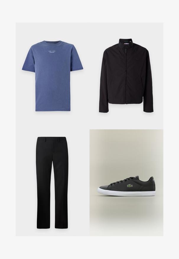 Črna lahka jakna, zadrga, dvignjen ovratnik, stranska žepa, gladka tkanina, minimalističen dizajn z logotipom na prsih.; Temno modra kratka majica s kratkimi rokavi iz bombaža. Ima okroglo ovratnico in majhen bel napis na prsih: "SAMSØE SAMSØE COPENHAGEN."; Črne krojene hlače s ravnimi nogami, izdelane iz gladkega blaga. Lastnosti vključujejo ravno sprednjo stran in pas srednje višine.; Črne usnjene superge z belo gumijasto podplatom, z zelenim krokodiljim logotipom in okroglimi vezalkami, elegantna zasnova z gladko teksturo.