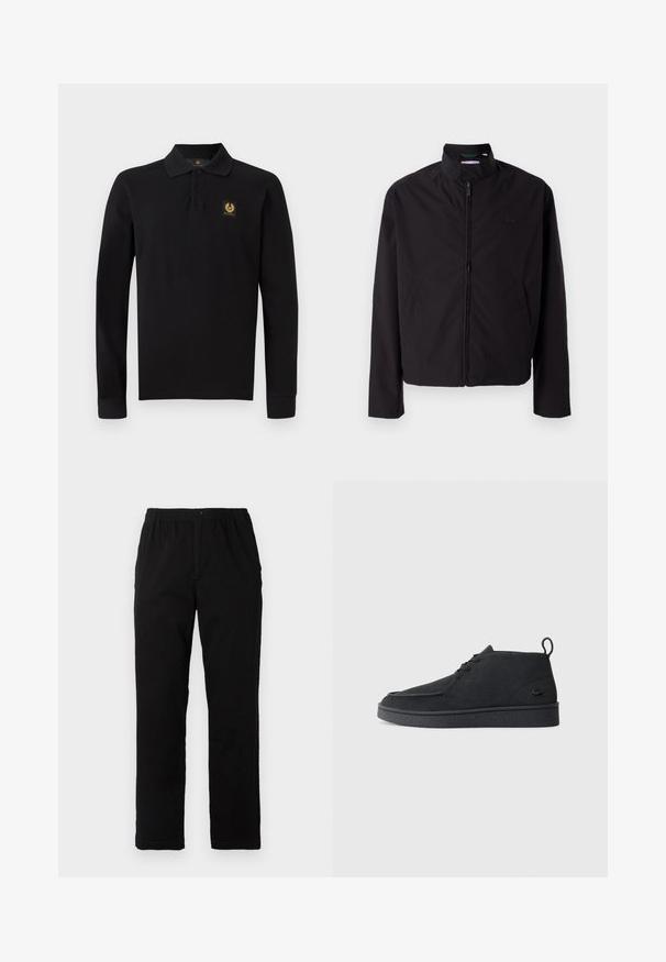 Svart lett jakke med glidelås, oppreist krage, lommer på siden, glatt stoff, minimalistisk design med logo-akkent på brystet.; Svart langermet polo-skjorte laget av bomull. Har klassisk krage, tre-knapps skjæring og et gull-emblem på venstre bryst.; Sorte bukser laget av bomullsblandet stoff, med rett snitt, elastisk midjebånd med knapp, og uten synlige mønstre eller detaljer.; Svart semsket snøring ankelstøvel med drageløkke og teksturert såle, med en liten preget krokodillelogo på siden.