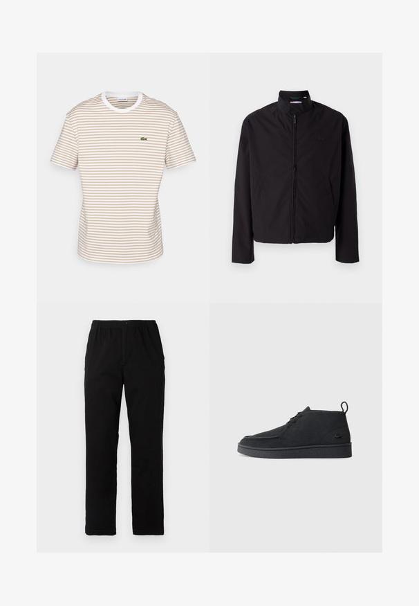 Casaco leve preto, com fecho elétrico, gola alta, bolsos laterais, tecido liso, design minimalista com logótipo em destaque no peito.; Lacoste T-shirt estampada - viennese/white; Calças pretas feitas de um tecido de algodão misto, com corte reto, cintura elástica com botão e sem padrões ou detalhes visíveis.; Botim de tornozelo em camurça preta, com atacadores, aba na parte traseira e sola texturizada, apresentando um pequeno logótipo de crocodilo em relevo na lateral.