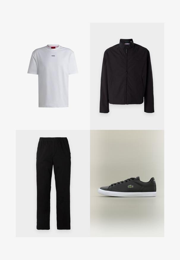 Casaco leve preto, com fecho elétrico, gola alta, bolsos laterais, tecido liso, design minimalista com logótipo em destaque no peito.; T-shirt branca de algodão com mangas curtas, decote redondo e um logo preto "HUGO" no peito. Textura suave, corte casual, sem padrões.; Calças pretas feitas de um tecido de algodão misto, com corte reto, cintura elástica com botão e sem padrões ou detalhes visíveis.; Tênis de couro preto com sola de borracha branca, apresentando um logotipo de crocodilo verde e cadarços redondos, design elegante com textura suave.