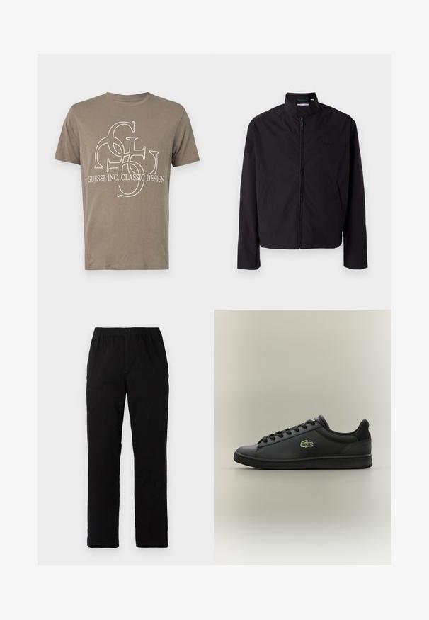Crna lagana jakna, zatvaranje na zip, stojeći ovratnik, bočni džepovi, glatka tkanina, minimalistički dizajn s logotipom na prsima.; Smeđa pamučna majica s bijelim grafičkim dizajnom s preklapajućim slovima i tekstom "GUESS?, INC. KLASIČNI DIZAJN" na prednjem dijelu.; Crne hlače od pamuka s dodatkom, ravnog kroja, s elastičnim pojasom i dugmetom, bez vidljivih uzoraka ili ukrasa.; Crna niska kožna tenisica s crnim vezicama koja ima zeleni krokodilski logo sa strane, smještena na jednoličnoj neutralnoj pozadini.