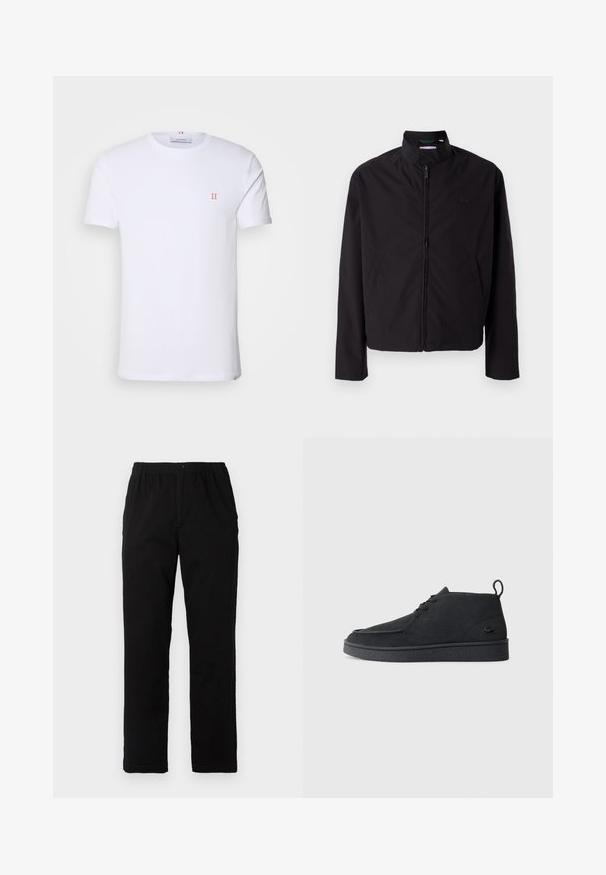 Black lightweight jacket, zip closure, stand-up collar, side pockets, smooth fabric, minimalistic design with logo accent on the chest.; White cotton t-shirt with short sleeves, featuring a small orange "II" logo on the left chest and a crew neckline. Simple design and texture.; Black pants made of cotton blend fabric, featuring a straight cut, elastic waistband with button, and no visible patterns or accents.; Black suede lace-up ankle boot with pull tab and textured sole, featuring small embossed crocodile logo on the side.