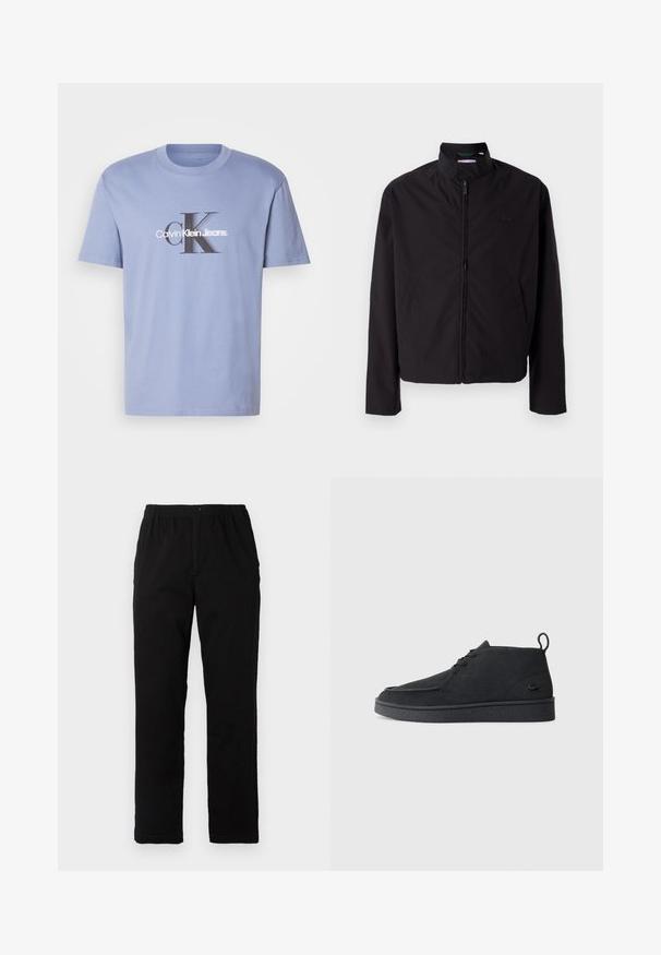 Casaco leve preto, com fecho elétrico, gola alta, bolsos laterais, tecido liso, design minimalista com logótipo em destaque no peito.; T-shirt de algodão azul claro com um gráfico central em preto e branco, com a inscrição "Calvin Klein Jeans" e as iniciais em negrito 'CK'. Mangas curtas.; Calças pretas feitas de um tecido de algodão misto, com corte reto, cintura elástica com botão e sem padrões ou detalhes visíveis.; Botim de tornozelo em camurça preta, com atacadores, aba na parte traseira e sola texturizada, apresentando um pequeno logótipo de crocodilo em relevo na lateral.