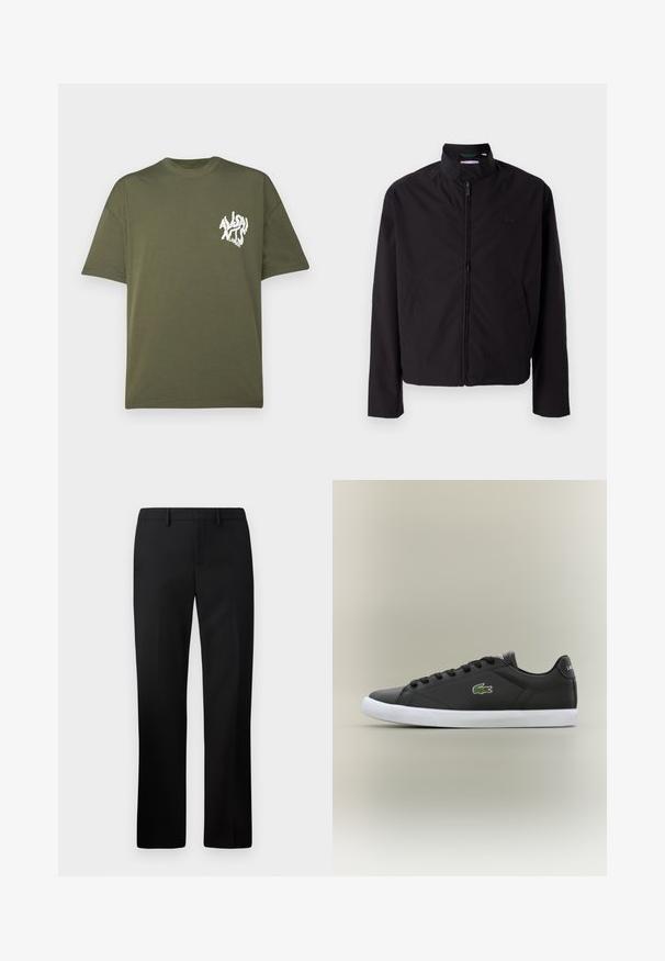 Črna lahka jakna, zadrga, dvignjen ovratnik, stranska žepa, gladka tkanina, minimalističen dizajn z logotipom na prsih.; AllSaints ORLANDO CREW - Potiskana majica - fleur green; Črne krojene hlače s ravnimi nogami, izdelane iz gladkega blaga. Lastnosti vključujejo ravno sprednjo stran in pas srednje višine.; Črne usnjene superge z belo gumijasto podplatom, z zelenim krokodiljim logotipom in okroglimi vezalkami, elegantna zasnova z gladko teksturo.