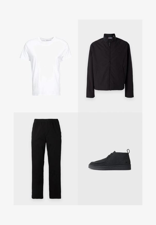 Black lightweight jacket, zip closure, stand-up collar, side pockets, smooth fabric, minimalistic design with logo accent on the chest.; White cotton t-shirt features a round neckline and short sleeves, with a classic fit and smooth texture. No patterns or hardware visible.; Black pants made of cotton blend fabric, featuring a straight cut, elastic waistband with button, and no visible patterns or accents.; Black suede lace-up ankle boot with pull tab and textured sole, featuring small embossed crocodile logo on the side.