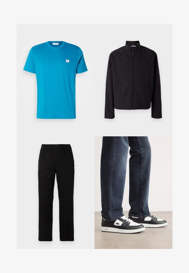 Črna lahka jakna, zadrga, dvignjen ovratnik, stranska žepa, gladka tkanina, minimalističen dizajn z logotipom na prsih.; Turkizna bombažna majica s kratkimi rokavi, okroglo izrezana in z majhnim belim logotipom na prsih. Gladka tekstura in sproščen kroj.; Črne hlače iz mešanice bombaža, s ravnim krojem, elastičnim pasom z gumbom in brez vidnih vzorcev ali akcentov.; Črno-bele Lacoste superge z zgornjim delom iz teksturirane usnje, s čipkastim zapiranjem in belim gumijastim podplatom. Oblečene z temnimi kavbojkami.