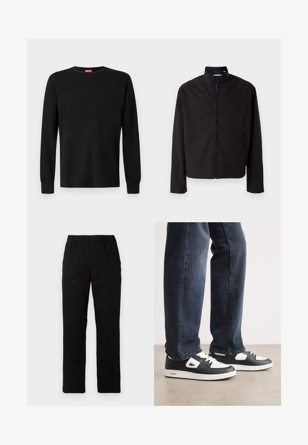 Schwarze leichte Jacke, mit Reißverschluss, Stehkragen, Seitentaschen, glattes Material, minimalistisches Design mit Logo-Akzent auf der Brust.; Schwarzes Langarm-T-Shirt aus weichem Stoff, mit einem runden Halsausschnitt und einem dezenten schwarzen Logo auf der Brust. Schlichtes Design, normale Passform.; Schwarze Hosen aus einem Baumwollmischgewebe, mit geradem Schnitt, elastischem Bund mit Knopf und ohne sichtbare Muster oder Akzente.; Schwarz-weiße Lacoste-Sneaker mit einem Obermaterial aus strukturiertem Leder, ausgestattet mit einem Schnürdesign und einer weißen Gummiaußensohle. Getragen mit dunklen Jeans.