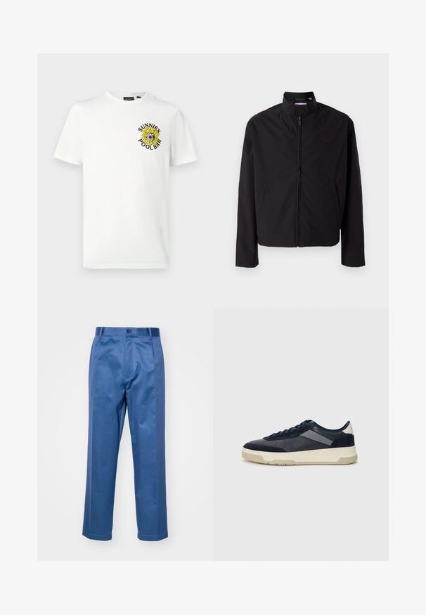 Svart lett jakke med glidelås, oppreist krage, lommer på siden, glatt stoff, minimalistisk design med logo-akkent på brystet.; Hvit bomulls-T-skjorte med et grafisk design av en solsikke med solbriller og teksten "SUNNIES POOLBAR" i svart og gult.; Blå bukser laget av et glatt stoff, med rett passform, knappelukking og subtile sømdetaljer.; BOSS BALTIMORE - Joggesko - open blue