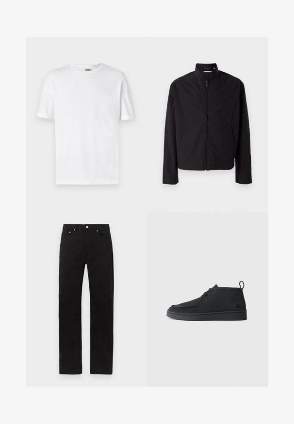 Giacca nera leggera, chiusura con zip, colletto alto, tasche laterali, tessuto morbido, design minimalista con accento del logo sul petto.; T-shirt bianco in cotone con scollo a girocollo, maniche corte e risvolti; design semplice, texture morbida e taglio dritto.; Jeans in cotone nero con design a gamba dritta, dotati di cinque tasche, chiusura con zip e hardware in tonalità argento. Texture liscia, senza motivi.; Stivale alla caviglia in suede nero con lacci, dotato di una linguetta per il tiraggio e suola testurizzata, caratterizzato da un piccolo logo a forma di coccodrillo embossato sul lato.
