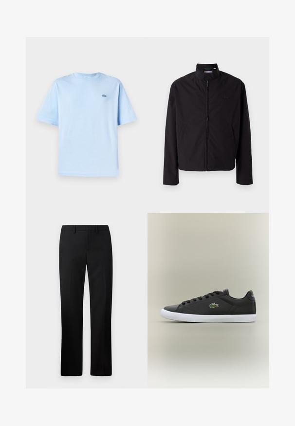 Sorte letvægtsjakke, lynlås lukning, opretstående krave, sidelommer, glat stof, minimalistisk design med logo accent på brystet.; Lys blå bomulds t-shirt med rund hals, korte ærmer og et lille broderet logo på venstre brystområde. Blød tekstur, afslappet pasform.; Sorte skræddersyede bukser med lige ben-design, lavet af glat stof. Funktioner inkluderer en flad front og mid-rise talje.; Sorte lædersneakers med hvid gummisål, der har et grønt krokodillelogo og runde snørebånd, slank design med glat tekstur.