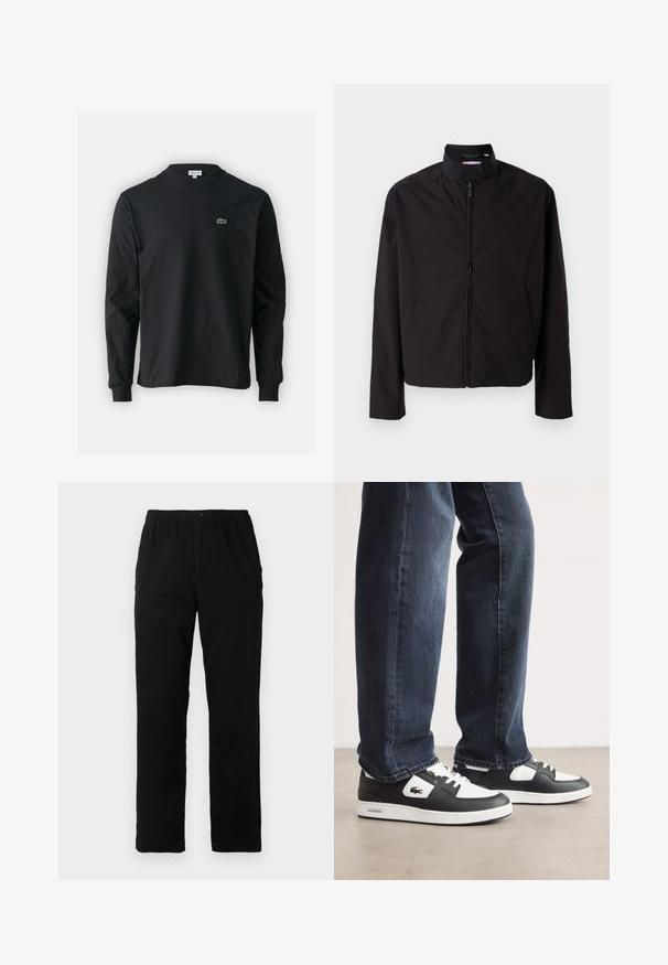 Černá lehká bunda, zapínání na zip, stojací límec, boční kapsy, hladká tkanina, minimalistický design s logem na prsou.; Černé dlouhé rukávy triko vyrobené z bavlny, s kulatým výstřihem a malým zeleným vyšitým logem krokodýla na levé hrudi.; Černé kalhoty vyrobené z bavlněné směsi, s rovný střih, elastickým pasem s knoflíkem a bez viditelných vzorů či akcentů.; Černo-bílé tenisky Lacoste s texturovaným koženým svrškem, se šněrovacím designem a bílou gumovou podešví. Nosené s tmavými džíny.