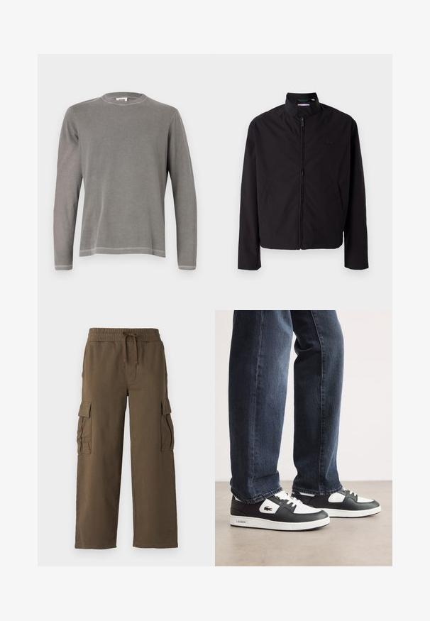 Svart lett jakke med glidelås, oppreist krage, lommer på siden, glatt stoff, minimalistisk design med logo-akkent på brystet.; Grå langermet T-skjorte med rund hals, laget av myk bomull, med enkel søm langs kanten og mansjettene.; Cargo bukser med elastisk liv, snor og to sidelommer. Laget av et mykt brunt stoff med et avslappet, vidt design.; Sorte og hvite Lacoste sneakers med en teksturert skinnoverdel, med snøring og en hvit gummisåle. Brukt med mørke jeans.