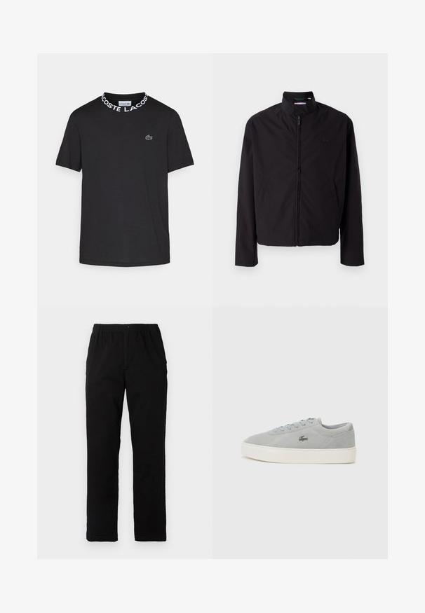Svart lett jakke med glidelås, oppreist krage, lommer på siden, glatt stoff, minimalistisk design med logo-akkent på brystet.; Lacoste CORE ACTIVE - T-shirts med print - black; Sorte bukser laget av bomullsblandet stoff, med rett snitt, elastisk midjebånd med knapp, og uten synlige mønstre eller detaljer.; Lacoste COURT - Joggesko - grey/off white