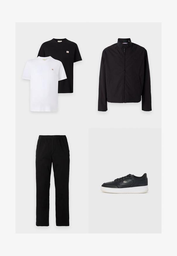 Black lightweight jacket, zip closure, stand-up collar, side pockets, smooth fabric, minimalistic design with logo accent on the chest.; Two short-sleeved t-shirts in black and white cotton, featuring a small logo on the chest and a classic crew neck design.; Black pants made of cotton blend fabric, featuring a straight cut, elastic waistband with button, and no visible patterns or accents.; Black leather sneaker with white sole, featuring a rounded toe, lace-up design, and a subtle logo on the side. Textured upper accents.