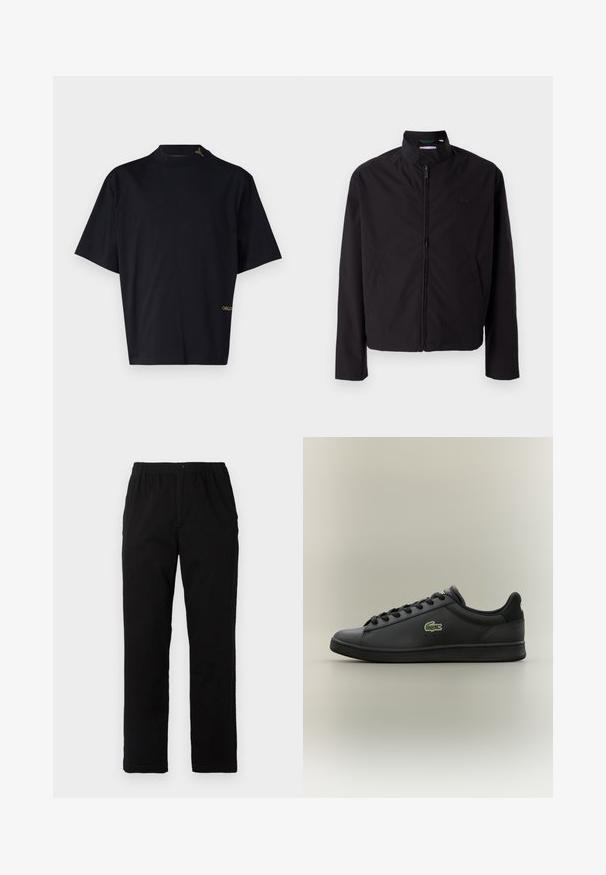 Sorte letvægtsjakke, lynlås lukning, opretstående krave, sidelommer, glat stof, minimalistisk design med logo accent på brystet.; Sort kortærmet T-shirt med høj halsudskæring. Lavet af glat stof, har guldbroderet "CARLO" logo nederst til venstre.; Sorte bukser lavet af en bomuldsblandingsstof, med lige snit, elastisk talje med knap, og uden synlige mønstre eller detaljer.; Sorte lavtop lædersneakers med sorte snørebånd og et grønt krokodillelogo på siden, placeret mod en ensfarvet neutral baggrund.