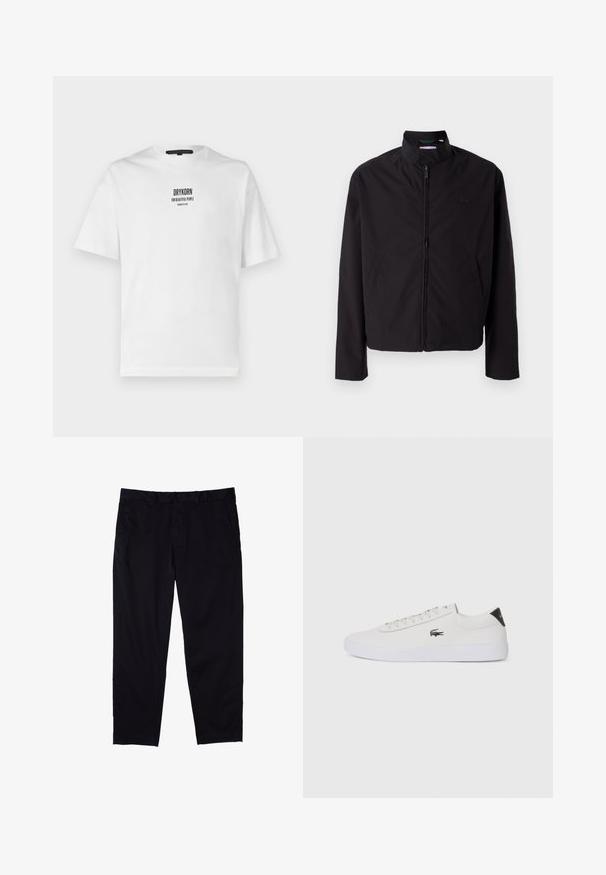 Chaqueta ligera negra, cierre de cremallera, cuello alzado, bolsillos laterales, tejido suave, diseño minimalista con acento de logo en el pecho.; Camiseta de algodón blanca con mangas cortas, escote redondo y texto impreso en negro "DRYKORN FOR BEAUTIFUL PEOPLE" en la parte frontal.; Pantalones negros de algodón con diseño de pierna recta, que cuentan con cierre de botón, bolsillos laterales y una textura suave.; Zapatilla de cuero blanca con punta redonda, parte frontal con cordones y acento negro en el talón. Presenta un pequeño logo de cocodrilo bordado en el lateral.