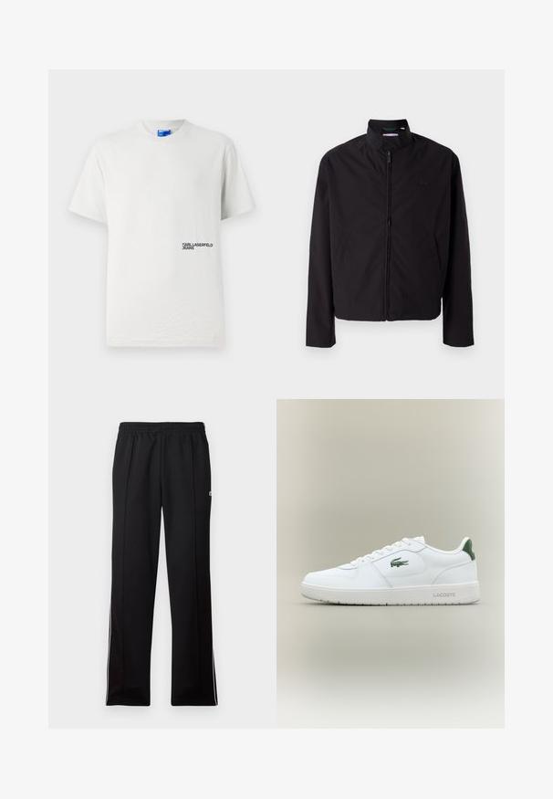 Černá lehká bunda, zapínání na zip, stojací límec, boční kapsy, hladká tkanina, minimalistický design s logem na prsou.; Bílý bavlněný tričko s kulatým výstřihem a krátkými rukávy. Na levé straně se nachází potištěné logo "KARL LAGERFELD JEANS" v černé barvě.; Černé sportovní kalhoty plné délky s elastickým pasem a bílými bočními pruhy, s malým zeleným logem na horní straně.; Bílé kožené tenisky s hladkým povrchem, zelenými akcenty na patě a zeleným logem na boku. Mají plochou podrážku a kulatou špičku.