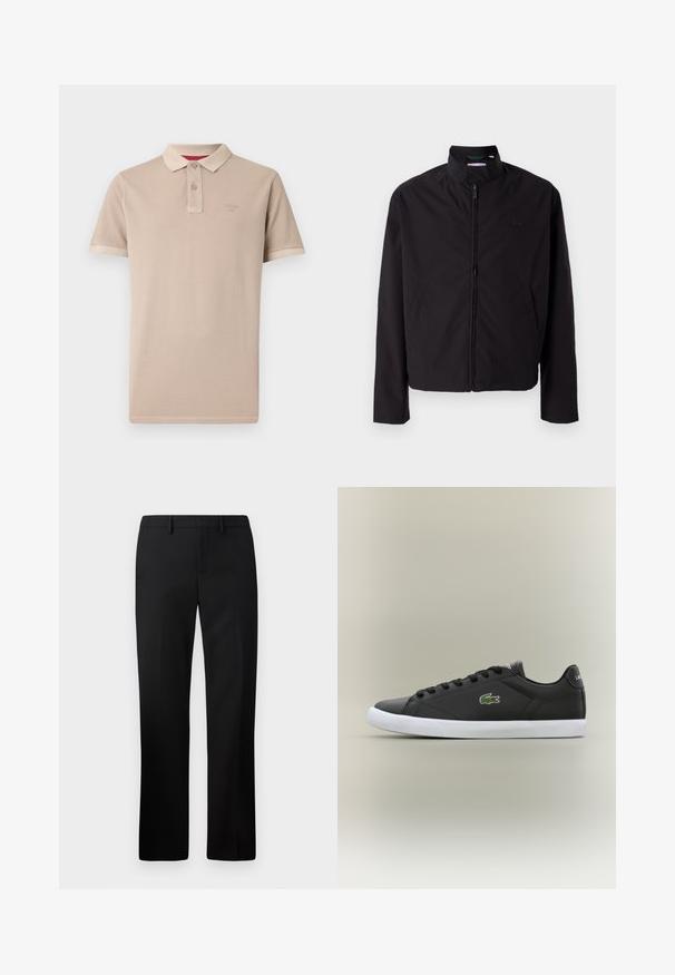 Czarna lekka kurtka, zapinana na zamek, z kołnierzem stojącym, kieszeniami po bokach, gładki materiał, minimalistyczny design z akcentem logo na piersi.; Beżowa koszulka polo wykonana z miękkiego materiału, z klasycznym kołnierzykiem, zapięciem na dwa guziki, krótkimi rękawami oraz subtelnym logo na piersi.; Czarne spodnie dopasowane o prostym kroju, wykonane z gładkiego materiału. Wyróżniają się płaskim przodem i średnim stanem.; Czarne skórzane sneakersy z białą gumową podeszwą, z zielonym logo krokodyla i okrągłymi sznurówkami, o smukłym designie i gładkiej fakturze.