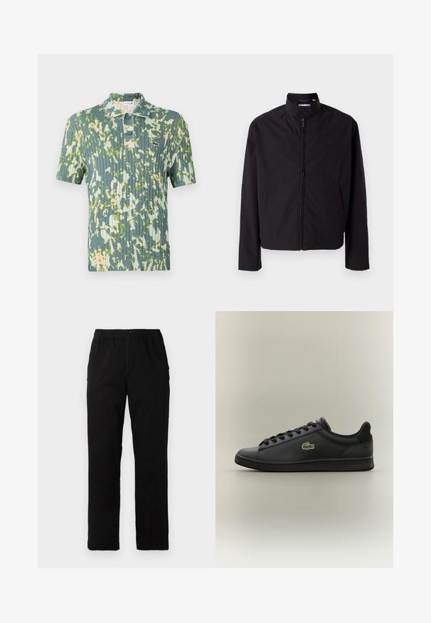 Svart lett jakke med glidelås, oppreist krage, lommer på siden, glatt stoff, minimalistisk design med logo-akkent på brystet.; Stripet polo-skjorte i grønn med kamuflasjemønster, med ribbestruktur, to-knapps plagg og brodert logo på brystet.; Sorte bukser laget av bomullsblandet stoff, med rett snitt, elastisk midjebånd med knapp, og uten synlige mønstre eller detaljer.; Sorte lavoyer skinnesko med svarte snørebånd og en grønn krokodillelogo på siden, plassert mot en enkel nøytral bakgrunn.