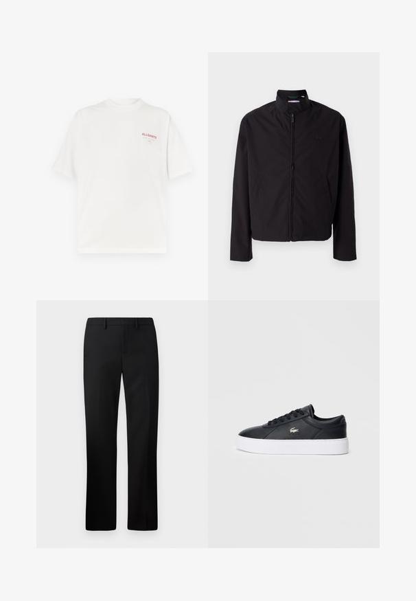 Zwarte lichtgewicht jas, ritssluiting, opstaande kraag, zijzakken, gladde stof, minimalistisch ontwerp met logo-accent op de borst.; Witte katoenen t-shirt met een ronde hals, korte mouwen en een rood logo op de linkerkant van de borst, met een gladde textuur en een relaxte pasvorm.; Zwarte op maat gemaakte broek met een rechte pijpdesign, gemaakt van gladde stof. Kenmerken zijn onder andere een platte voorkant en een middelhoge tailleband.; Zwarte leren sneaker met een ronde neus, ton-sur-ton veters en een gevoerde kraag. Bevat een witte plateauzool en een klein logo-accent.