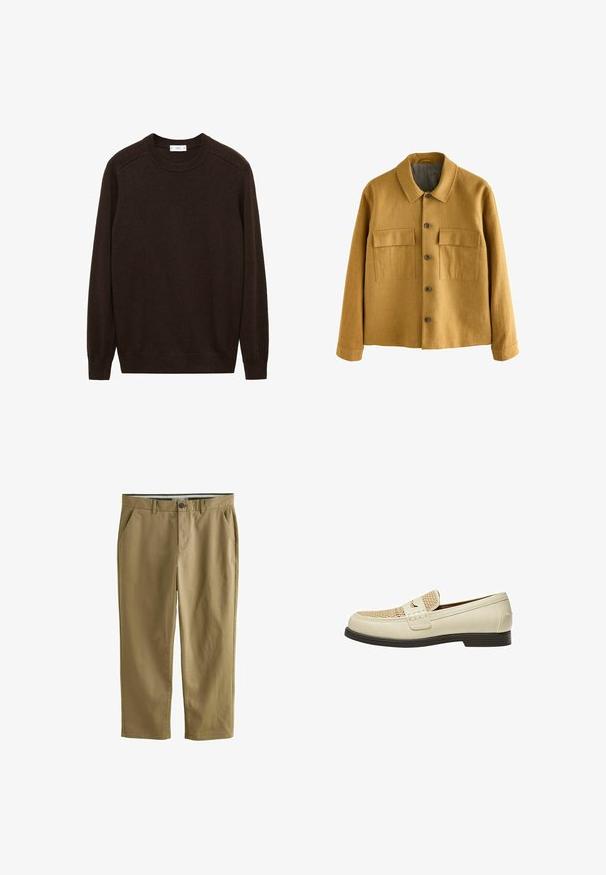 Giacca giallo senape realizzata in tessuto texturizzato, con collo a falda, chiusura frontale con bottoni e due tasche sul petto con patte.; Maglione marrone a maglia con collo rotondo, polsini e orlo ribattuti. Presenta una finitura texturizzata e maniche raglan per una vestibilità comoda.; Chino color khaki realizzati in cotone misto, dotati di due tasche laterali, chiusura con bottone, gambe dritte e una texture liscia.; Mocassini in pelle beige con dettaglio intrecciato sulla punta e suola piatta marrone. Presentano una fascia decorativa sulla parte anteriore.