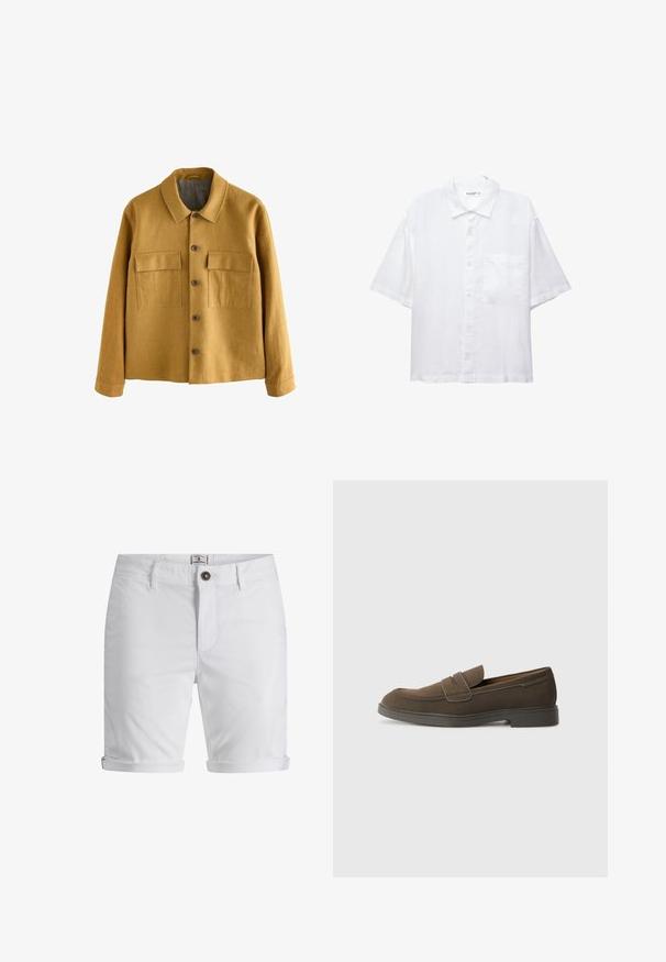 Senapsgul jacka sydd av texturerat tyg, med krage, frontal knäppning och två bröstfickor med klaffar.; Vit kortärmad skjorta med knappslå framtill, krage och en bröstficka. Tillverkad av lätt tyg med en slät textur.; Vita bomullsshorts med uppvridna fållar, med knappstängning, framfickor och en texturerad tygkvalitet. Standard passform.; Brun mockasnär med rund tå, ett rem över framfoten och en platt gummisula. Enkelt design med rena linjer och minimal detaljering.
