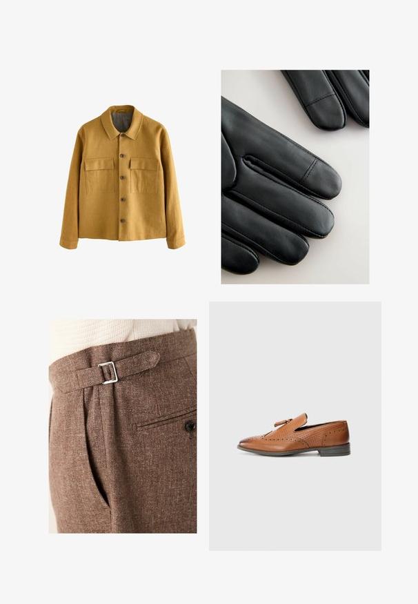 Jakna gorušičasto žute boje od teksturiranog materijala, s okovratnikom, prednjim kopčanjem na dugmad i dva džepa na prsima s preklopima.; Bež košulja dugih rukava s bijelim vertikalnim prugama, ovratnik na kopčanje, prednji džep i etiketa "Polo Ralph Lauren" unutar ovratnika.; Smeđe krojene hlače od teksturiranog materijala, sa srebrnom kopčom u struku, nabranjima i stražnjim džepom s gumbom.; Smeđe kožne cipele s perforiranim detaljima, teksturiranim stranicama, ravnim đonom i dekorativnom mašnom na gornjem dijelu. Klasičan dizajn s glatkom završnom obradom.; Crne kožne rukavice s glatkom teksturom, elegantnim dizajnom i naglašenim šavovima duž prstiju, s malo zaobljenim vrhom na svakom prstu.