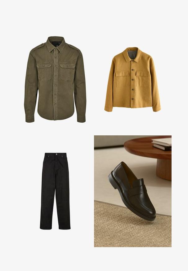 Garstyčių geltonumo švarkas, pagamintas iš tekstūruoto audinio, su apykakle, priekyje uždaromas mygtukais ir turintis dvi krūtinės kišenes su sklendėmis.; Olivinės žalsvos spalvos mygtukinė marškiniai, pagaminti iš medvilnės. Pasirinkti su apykakle, dviem krūtinės kišenėmis su dangteliais ir struktūruotais pečiais su matomu siuvimu.; Juodi plačiakraščiai medvilniniai kelnių, turintys lygią tekstūrą, su dviem priekinėmis kišenėmis, mygtukų uždarymu ir tiesiu kirpimu.; Juodas odinis loaferis su lygiu paviršiumi, apvaliu pirštu ir dekoratyvine juostele per viršų. Žemas guminis kulnas, priešingai tekstūruotam paviršiui.