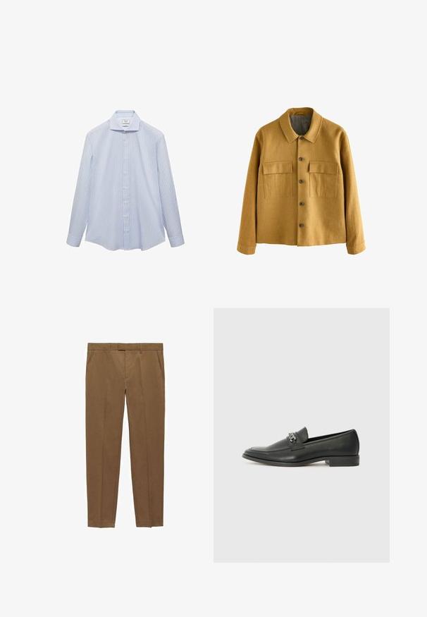 Mosterdgele jas van textiel met structuur, voorzien van een kraag, een knoopsluiting aan de voorkant en twee borstzakken met kleppen.; Lichtblauw overhemd met lange mouwen en witte verticale strepen, met een button-down kraag en knopen aan de voorkant. Glad stof met een gestructureerde pasvorm.; Bruine op maat gemaakte broeken van een gladde stof, met een vlakke voorkant, rechte pijpen, riemlussen en zijzakken.; Zwarte leren instapper met een gladde afwerking, voorzien van een gestikt ontwerp en een decoratieve metalen kettingaccent over de wreef. Platte hak.