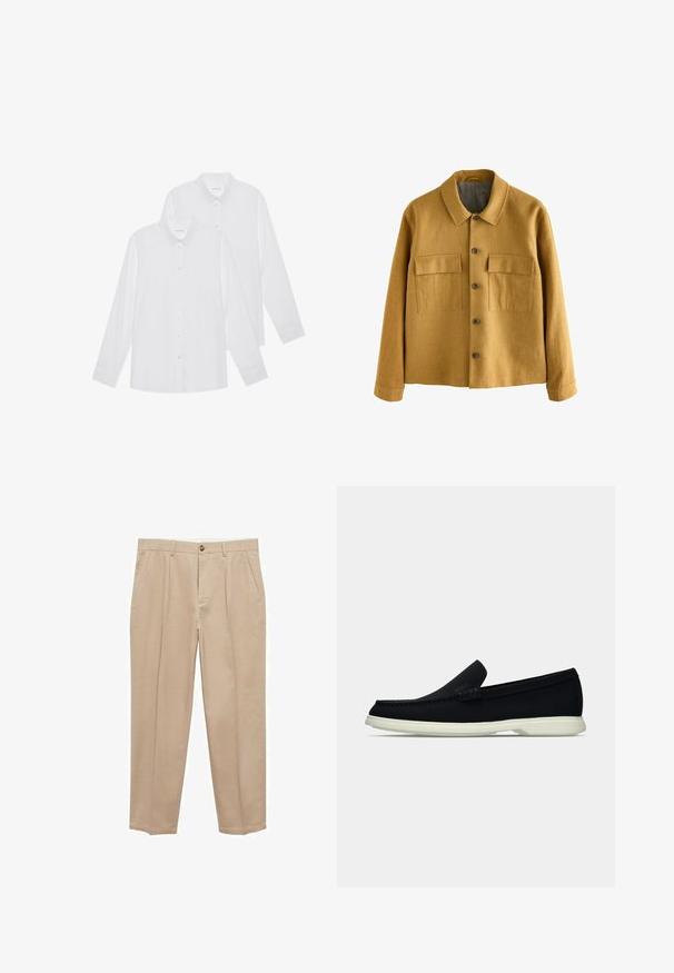 Sininen sinappi takki, joka on valmistettu teksturoidusta kankaasta, jossa on kauluksellinen kaula, edessä nappikiinnitys ja kaksi rintataskua läpillä.; Valkoiset pitkähihaiset paidat kahden pakkauksessa, joissa on napitettava etuosa, kaulus ja hihansuut, valmistettu sileästä kankaasta ilman kuvioita.; Beige chinot valmistettu puuvillasta, suora lahje. Ominaisuuksia ovat etutaskut, nappikiinnitys ja sileä rakenne.; Musta liukusukeltava kenkä, jossa on pyöristetty kärki, teksturoitu päällinen, sileä valkoinen pohja ja huomaamaton brändäysdetaili sivussa.