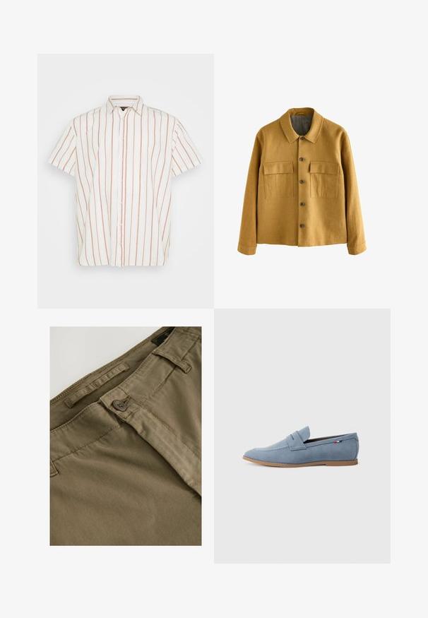 Sininen sinappi takki, joka on valmistettu teksturoidusta kankaasta, jossa on kauluksellinen kaula, edessä nappikiinnitys ja kaksi rintataskua läpillä.; Lyhyttakkinen, napitettavissa oleva paita valkoisesta kankaasta, jossa on kapeita pystysuoria punaisia raitoja. Klassinen kaulus ja suora helmakuvio.; Harmaat housut, joissa on sileä pinta, napin kiinnitys, vyölenkit ja hienovaraiset vaakaraitarivit kankaan pinnalla.; Vaaleansininen mokkanahkainen loafer, jossa on sileä pinta, koristeommel ja ruskea kumipohja. Mallissa on myös penny-slot-tyylinen rakenne päällisessä.