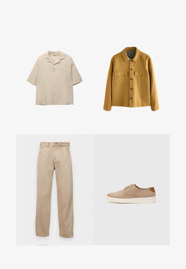 Mosterdgele jas van textiel met structuur, voorzien van een kraag, een knoopsluiting aan de voorkant en twee borstzakken met kleppen.; Korte mouw beige shirt van een lichtgewicht stof, met een geaccentueerde kraag en vijf knopen aan de voorkant, met een losse pasvorm.; Beige denim jeans met een recht gesneden ontwerp, voorzien van voorzakken, een metalen knoopsluiting en een subtiele textuur.; Beige suède sneakers met een ronde neus, vetersluiting aan de voorkant en een getextureerde achteraccent. De witte rubberen zool zorgt voor contrast. Eenvoudig en modern ontwerp.