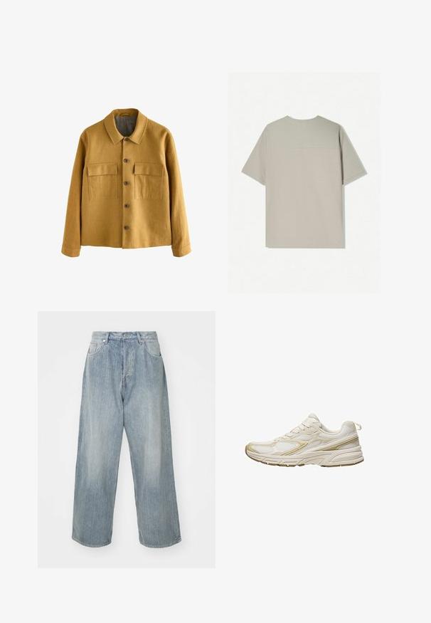 Mustár sárga dzseki texturált anyagból, rövid gallérral, elöl gombos záródással és két mellzsebbel, amelynek fedéllel van ellátva.; Beige színű pamut póló rövid ujjakkal. Egyszerű dizájn jellemzi, kerek nyakkivágással. Simább textúrája van, minimális varrással a hátsó részen.; Világoskék farmernadrág, laza szabású, magas derekú, öt zsebbel és kontrasztos varrásokkal. Egyenes szárú kialakítás és tiszta szegések jellemzik.; Fehér sportcipők, amelyek hálós és szintetikus anyagból készültek, lekerekített orral, párnázott talppal és bézs díszítésekkel az oldalán.