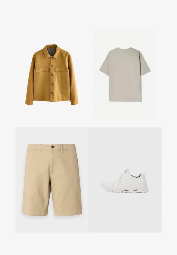 Giacca giallo senape realizzata in tessuto texturizzato, con collo a falda, chiusura frontale con bottoni e due tasche sul petto con patte.; T-shirt in cotone beige con maniche corte. Presenta un design semplice e un colletto rotondo. Tessuto liscio con cuciture minime sul retro.; GAP VINTAGE - Shorts - khaki; Scarpe atletiche bianche con tomaia in maglia testurizzata, lacci piatti e una suola ammortizzata con camere d'aria visibili per un supporto aggiuntivo.