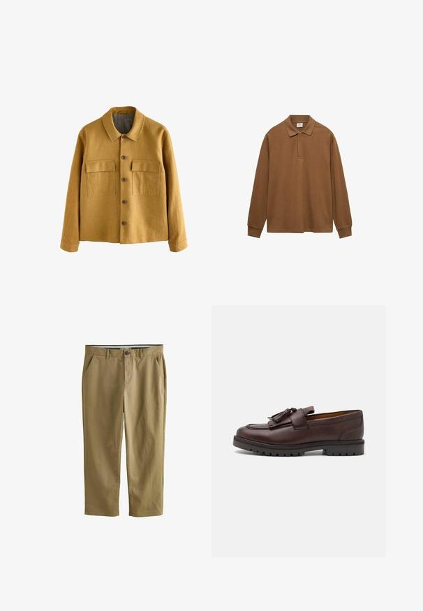 Giacca giallo senape realizzata in tessuto texturizzato, con collo a falda, chiusura frontale con bottoni e due tasche sul petto con patte.; Polo shirt marrone a maniche lunghe realizzato in cotone, con colletto, pattina con bottoni e polsini a costine; texture liscia e vestibilità rilassata.; Chino color khaki realizzati in cotone misto, dotati di due tasche laterali, chiusura con bottone, gambe dritte e una texture liscia.; Zign Mocassini eleganti - brown