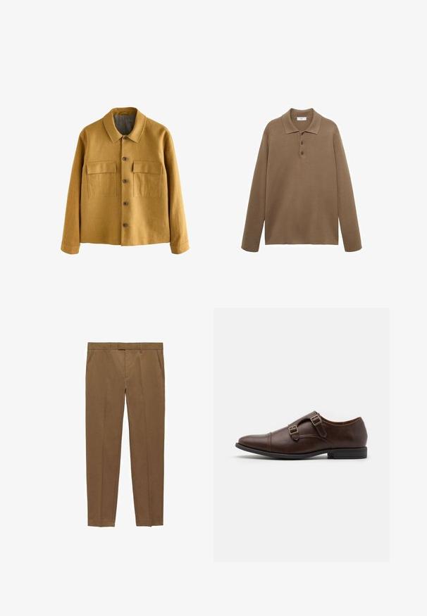 Sennepsgul jakke lavet af tekstureret stof, med krave, frontknaplukning og to brystlommer med klapper.; Brun langærmet polo skjorte med krave og tre knapper, præsenteret fladt på en hvid baggrund.; Brune skræddersyede bukser lavet af et glat stof, med flad front, lige ben, bæltestropper og sidelommer.; Brune læder dress sko med spids tå, udstyret med to justerbare spænder og et slankt, lavt profil design. Flad sort gummisål.