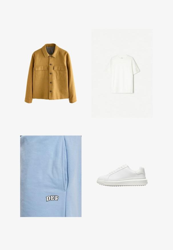 Senapsgul jacka sydd av texturerat tyg, med krage, frontal knäppning och två bröstfickor med klaffar.; Vit kortärmad t-shirt i mjuk bomull. Rundhalsdesign med avslappnad passform och inga synliga logotyper eller mönster.; DEF Shorts - blue; Vit sneaker med en slät syntetisk ovandel, rund tå, platta snörningar, strukturerad sula och en lager-på-lager plattformdesign för extra höjd.