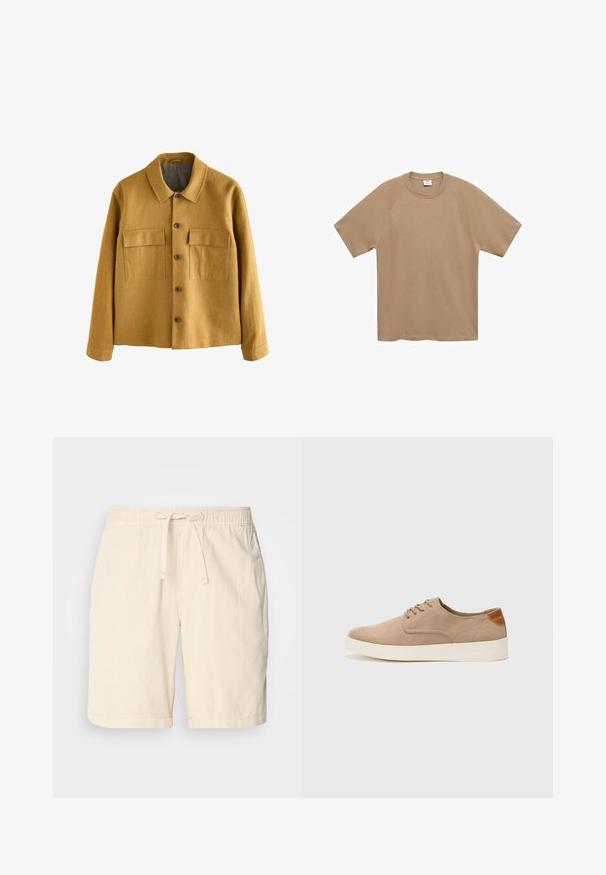 Mustard yellow jacket made of textured fabric, featuring a collared neck, front button closure, and two chest pockets with flaps.; Mango Basic T-shirt - beige; Beige cotton shorts with an elastic waistband and adjustable drawstring, featuring side pockets and a relaxed fit.; Beige suede sneakers with a rounded toe, lace-up front, and a textured back accent. White rubber sole provides contrast. Simple and modern design.