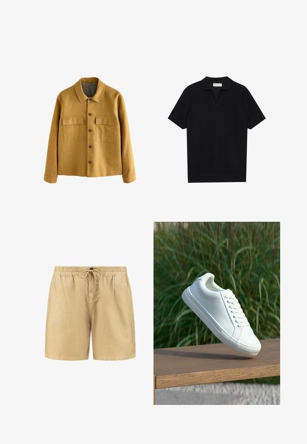 Sinepju dzeltena jaka, kas izgatavota no teksturēta auduma, ar apkakli, priekšā ar pogu aizdari un divām krūšu kabatām ar atloka.; Melns īsām piedurknēm polo krekls ar teksturētu, ribotu audumu, ar V veida kakla izgriezumu un taisnu apakšmalu. Bez redzamām emblēmām vai rakstiem.; Bežīgi šorti ar elastīgu jostasvietu un auklu. Izgatavoti no viegla auduma ar gludu tekstūru. Vienkāršs dizains, bez rakstiem.; Balti ādas tenisi ar apaļu pirkstu, auklām aizsietu priekšpusi un teksturētu gumijas zoli, parādīti pret izplūdušu zaļo zāles fonu.