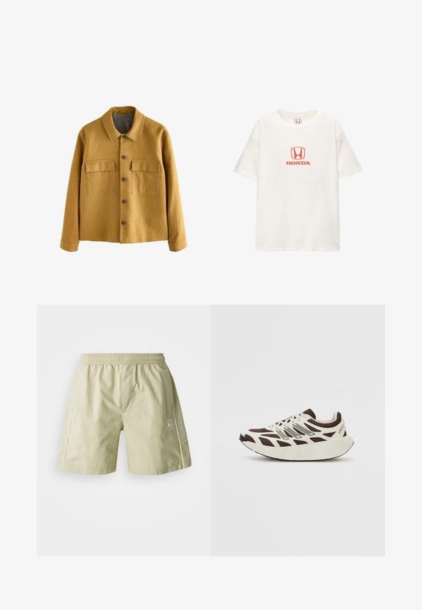 Giacca giallo senape realizzata in tessuto texturizzato, con collo a falda, chiusura frontale con bottoni e due tasche sul petto con patte.; T-shirt bianca in cotone con maniche corte. Presenta un logo "HONDA" rosso sopra un emblema rettangolare al centro. Design semplice e classico.; Pantaloni corti verdi chiaro in tessuto morbido con vita elastica, tasche laterali, dettagli bianchi e un logo sulla gamba sinistra.; Sneaker marrone e crema con tomaia in rete, sovrapposizioni testurizzate e una suola bianca spessa e arrotondata. Presenta una linguetta a profilo basso e lacci.
